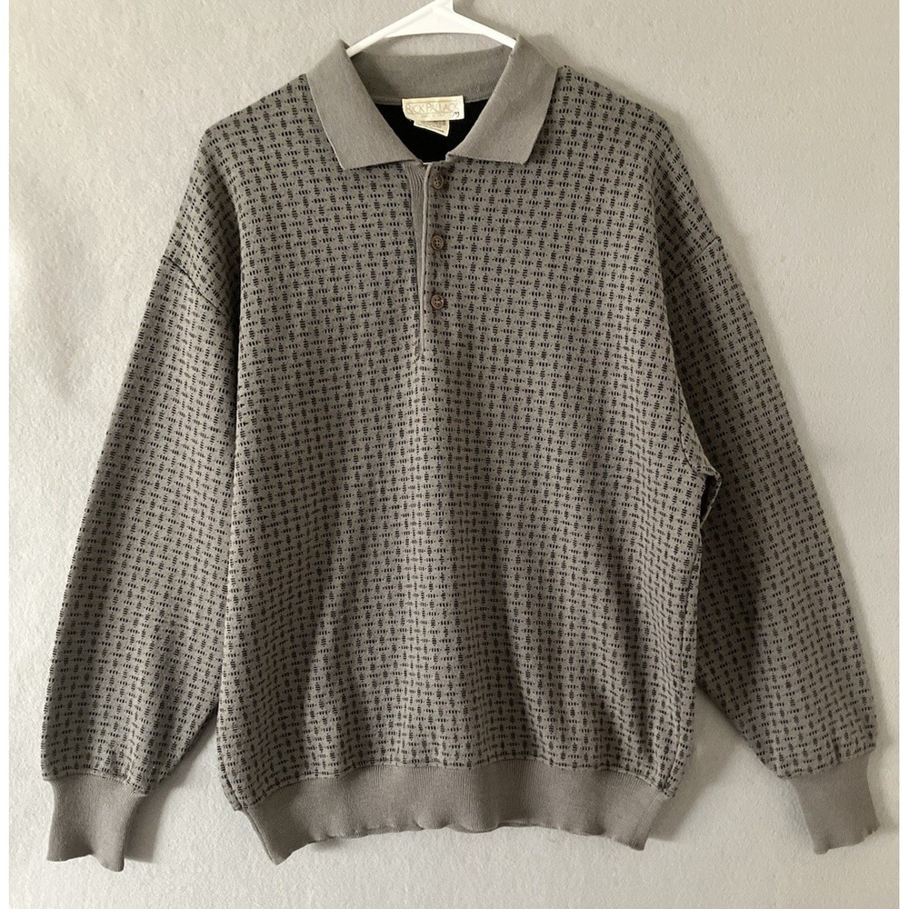 Vintage Rick Pallack Wool Polo Sweater 90's Men's L Micro Geometric Old Money